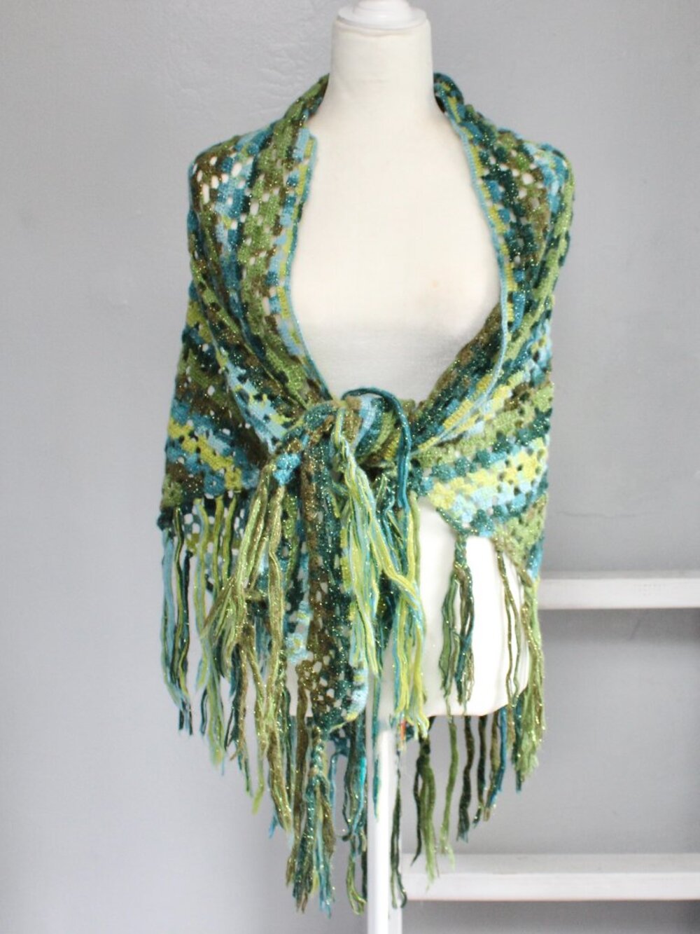 Handmade Green Blue Metallic Knit crochet Triangle Scarf Wrap Poncho Fringe